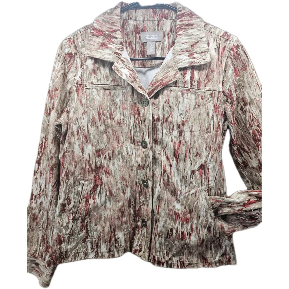 CHICO'S Woman 98% Cotton Jacket Button Up Sz 0 XS-S Pockets Artsy Statement EUC